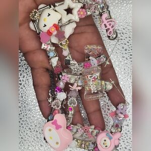 Hello Kitty Pink and Silver Junk Bamboo Dangle Chunky Earrings